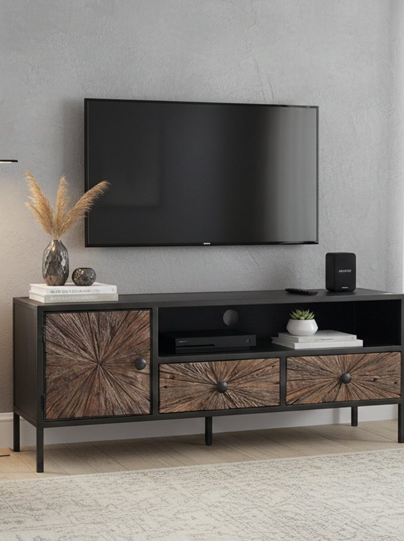Modern Rustic TV Unit | Handmade Wood & Metal Entertainment Console | Industrial Media Cabinet with Storage