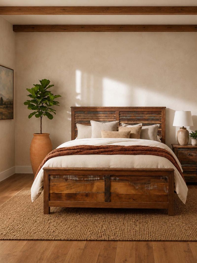 Handcrafted Rustic Solid Wood Bed | Luxury Reclaimed Wood Farmhouse Bed Frame | Vintage Wooden Bedroom Furniture India
