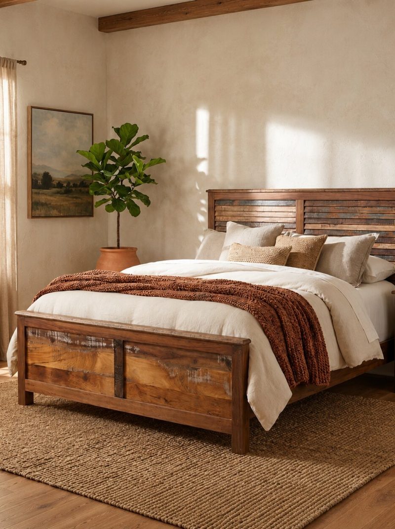 Handcrafted Rustic Solid Wood Bed | Luxury Reclaimed Wood Farmhouse Bed Frame | Vintage Wooden Bedroom Furniture India