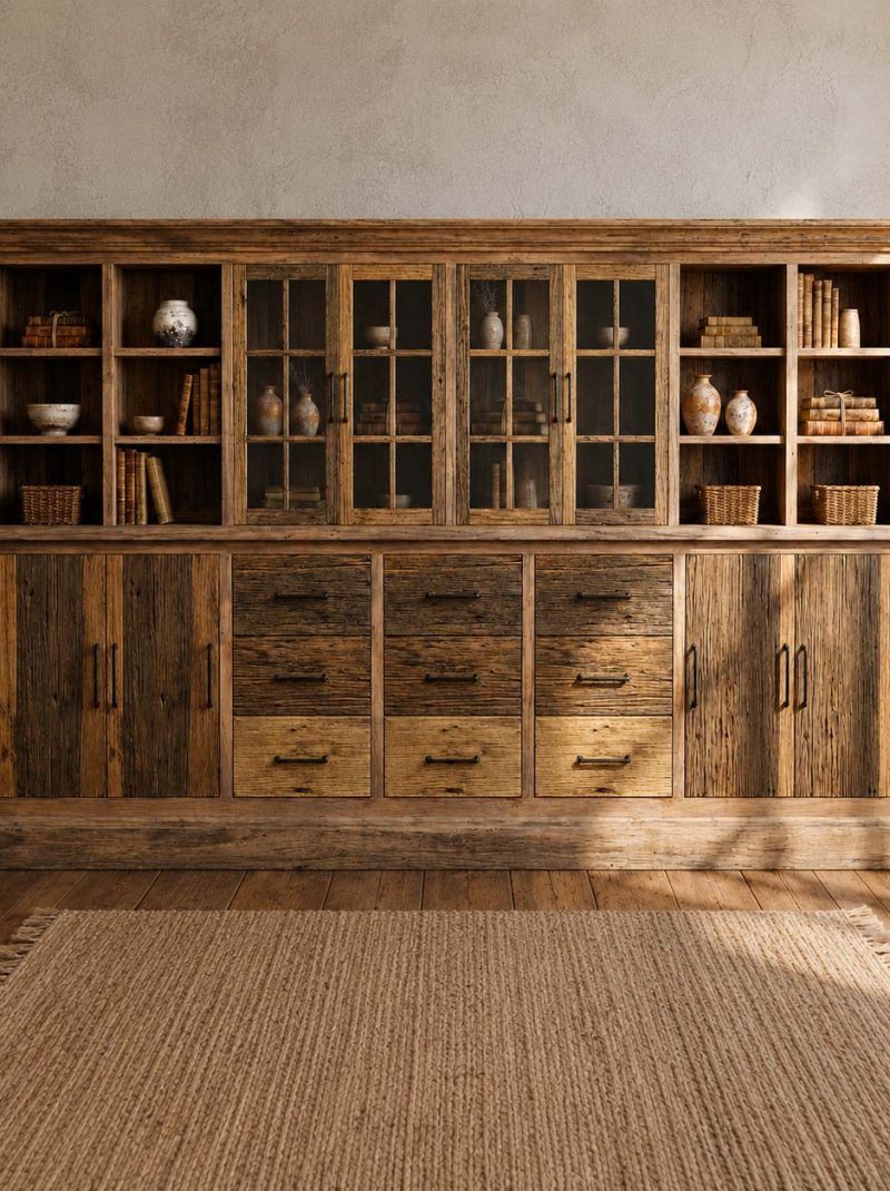 Rustic Reclaimed Wood Hutch Cabinet | Farmhouse Storage Sideboard with Glass Doors | Handmade Solid Wood Display Cabinet