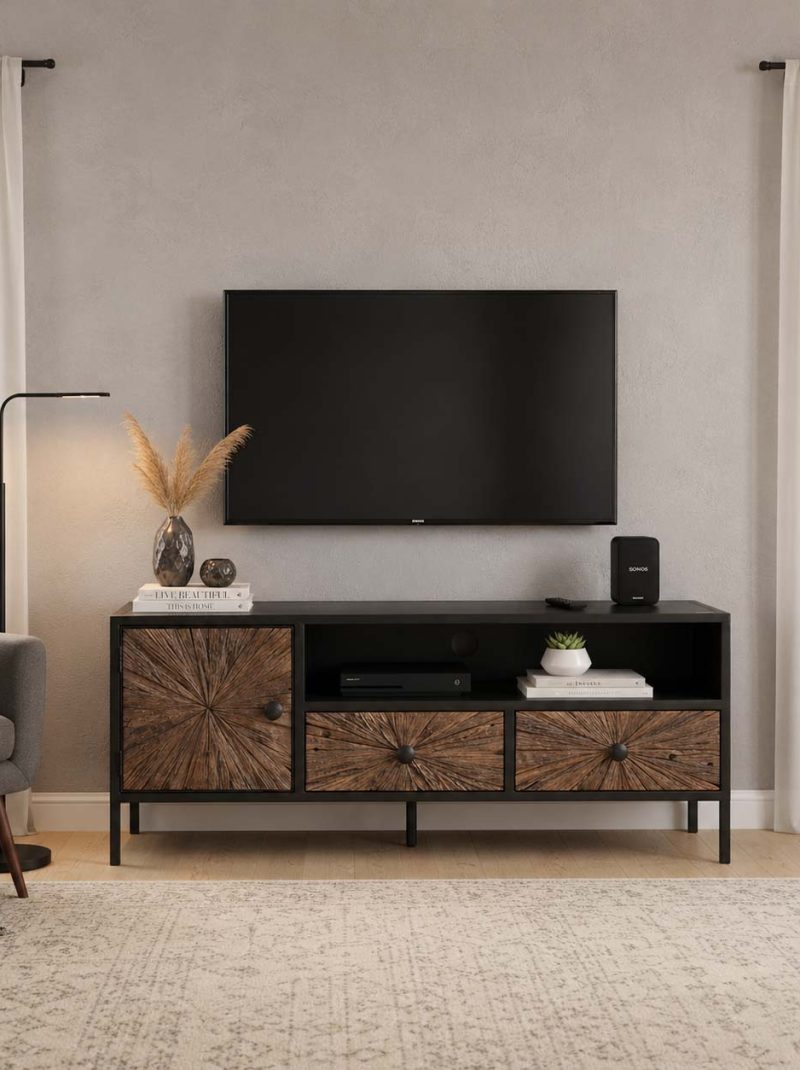 Modern Rustic TV Unit | Handmade Wood & Metal Entertainment Console | Industrial Media Cabinet with Storage