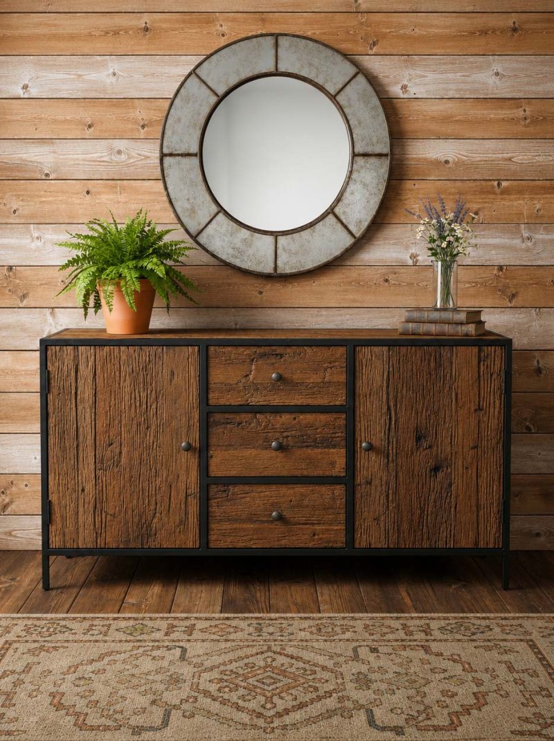 Rustic Reclaimed Wood Sideboard Cabinet | Industrial Farmhouse Storage Console with Metal Frame | Handcrafted Buffet Cabinet for Bedroom