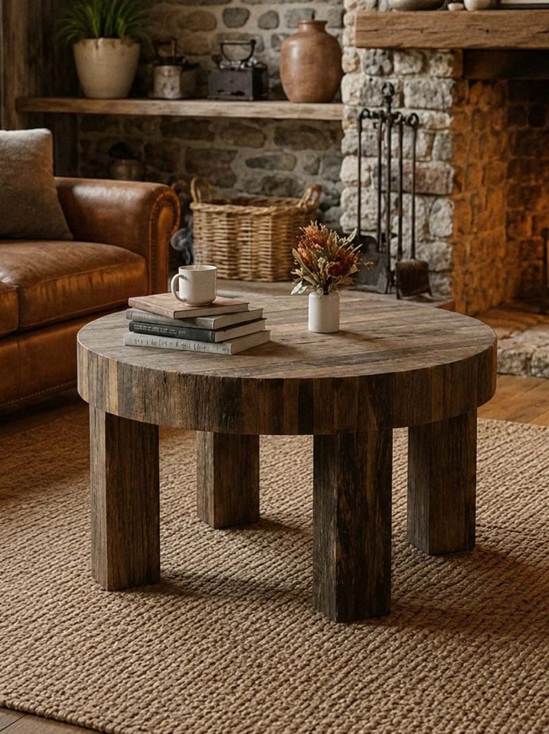 Rustic Round Reclaimed Solid Wood Coffee Table | Handcrafted Farmhouse Center Table | Vintage Barn Wood Furniture from Jodhpur India