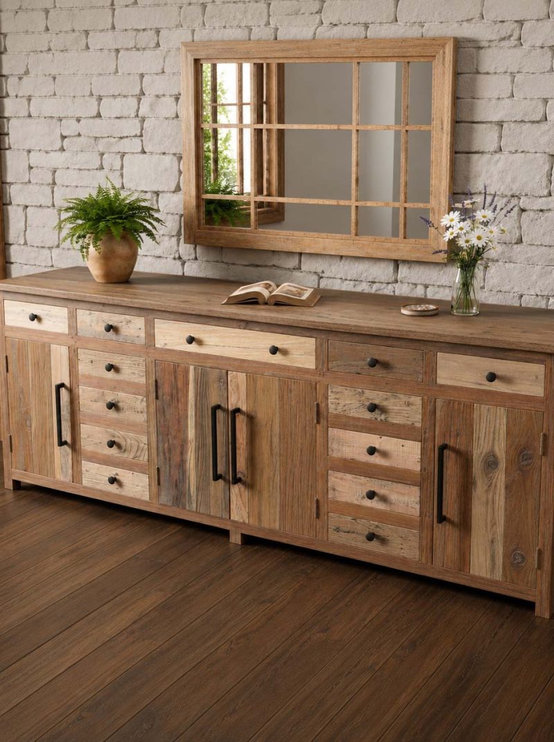 Large Rustic Reclaimed Wood Sideboard Cabinet | Handcrafted Farmhouse Buffet Console with Multi Storage Drawers | Solid Wood Storage Cabinet
