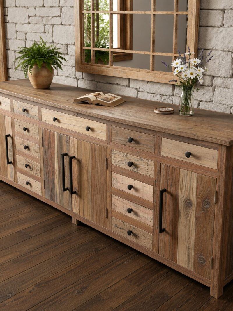 Large Rustic Reclaimed Wood Sideboard Cabinet | Handcrafted Farmhouse Buffet Console with Multi Storage Drawers | Solid Wood Storage Cabinet
