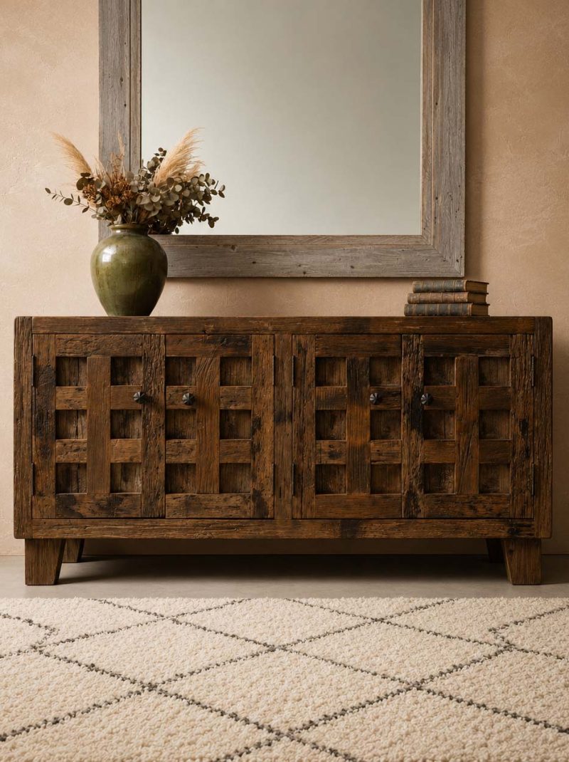 Rustic Reclaimed Wood Sideboard Cabinet | Handcrafted Farmhouse Storage Console | Solid Wood Buffet Cabinet