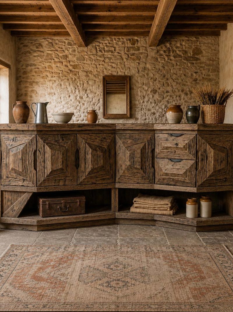 Rustic Reclaimed Wood Corner Sideboard Cabinet | Farmhouse Buffet Storage Console | Handcrafted Wooden Cabinet