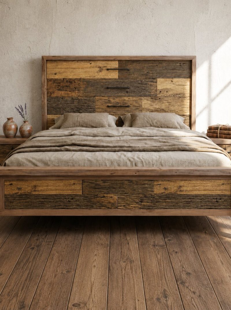 Handcrafted Reclaimed Wood Bed Frame | Rustic Solid Wood Farmhouse Bed | Luxury Vintage Bedroom Furniture India