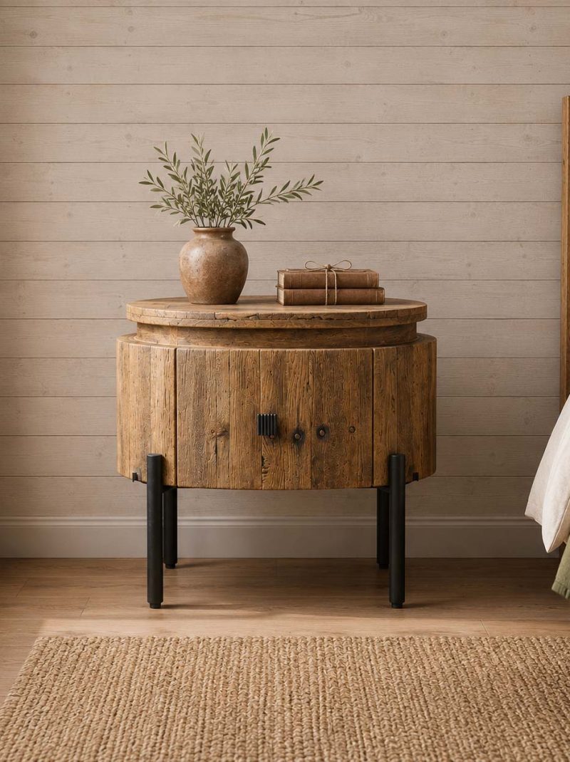 Rustic Round Reclaimed Wood Bedside Table | Handmade Solid Wood Nightstand | Industrial Farmhouse Bedroom Furniture India