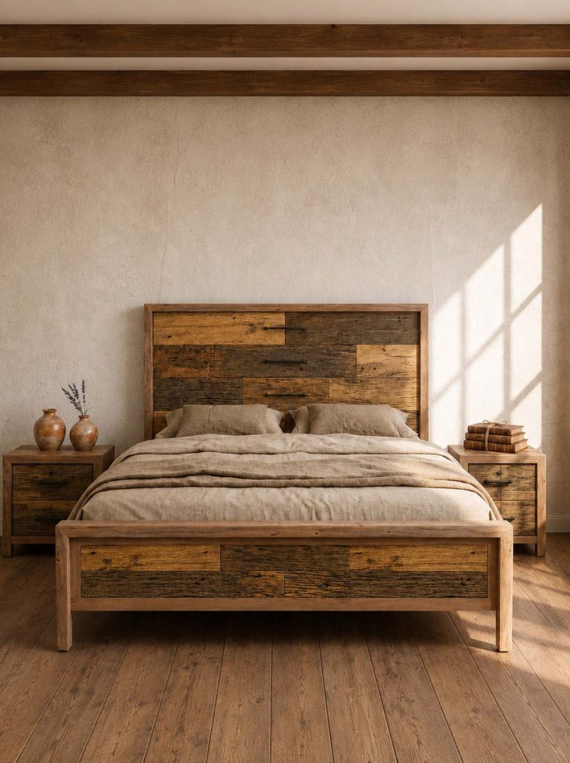 Handcrafted Reclaimed Wood Bed Frame | Rustic Solid Wood Farmhouse Bed | Luxury Vintage Bedroom Furniture India