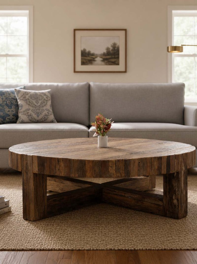 Rustic Round Reclaimed Solid Wood Coffee Table | Handcrafted Farmhouse Center Table | Vintage Barn Wood Furniture from Jodhpur India