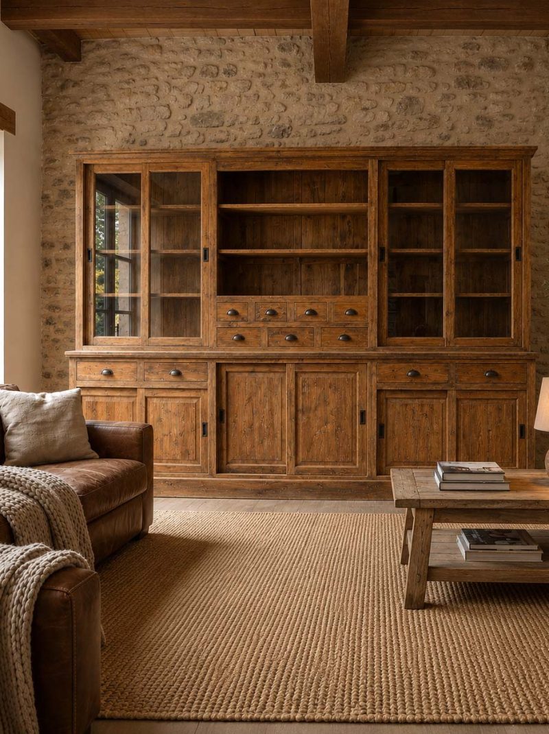 Large Rustic Farmhouse Hutch Cabinet | Reclaimed Wood Storage Cabinet with Glass Doors | Handmade Solid Wood Display Unit