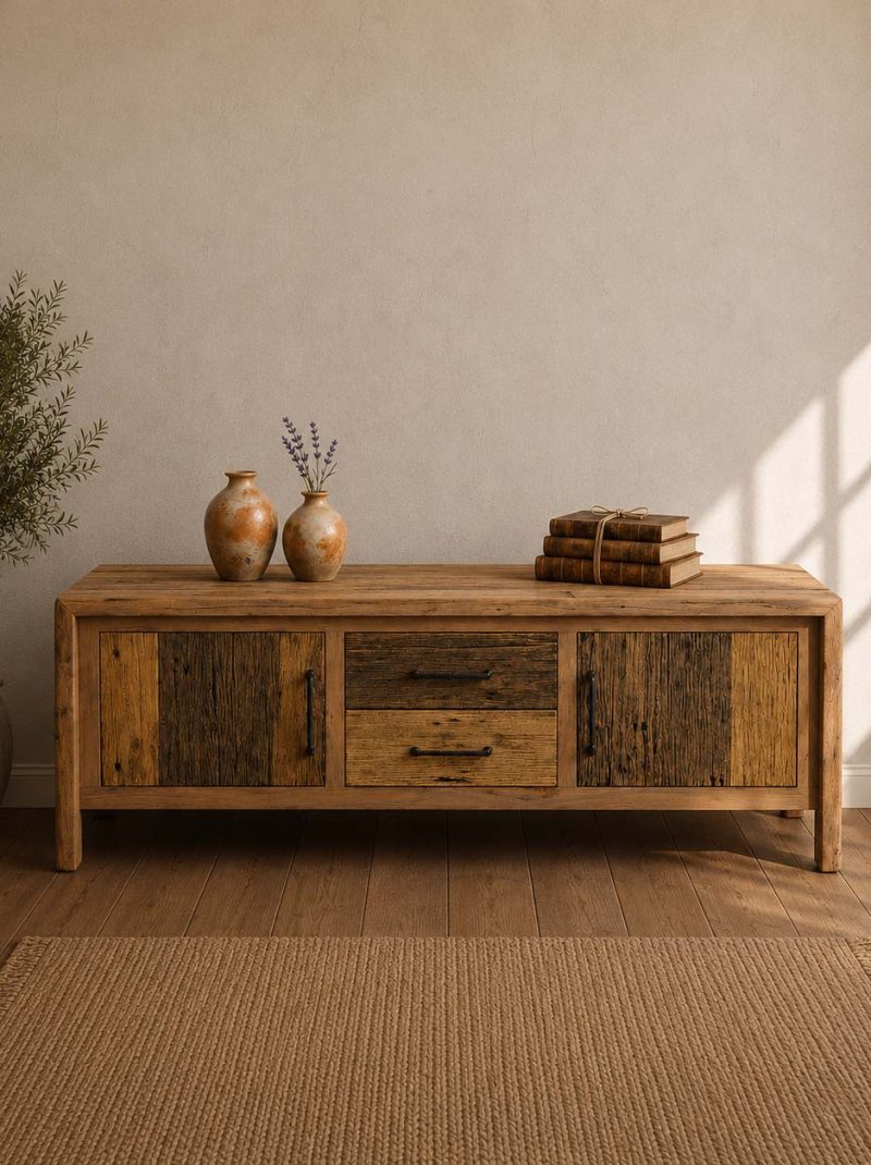 Rustic Wooden TV Unit | Handmade Reclaimed Wood Media Console | Farmhouse Entertainment Cabinet
