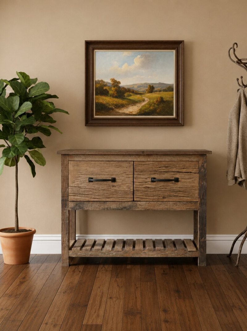 A handcrafted rustic solid wood console table featuring spacious drawers, an open lower shelf, and timeless farmhouse styling for elegant and functional entryway interiors.