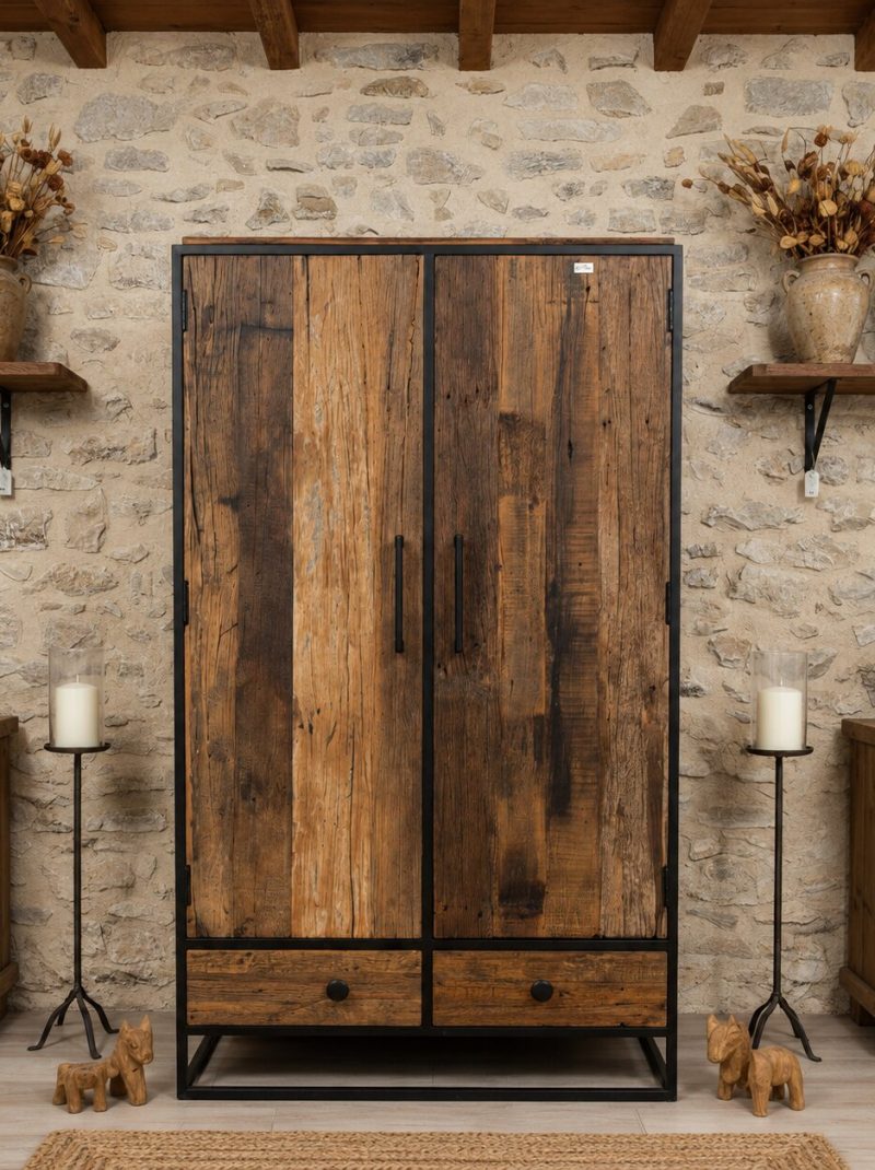 Luxury Rustic Reclaimed Wood Wardrobe | Handmade Solid Wood Armoire Cabinet | Vintage Farmhouse Furniture from Jodhpur India