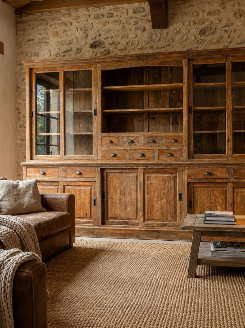 Large Rustic Farmhouse Hutch Cabinet | Reclaimed Wood Storage Cabinet with Glass Doors | Handmade Solid Wood Display Unit