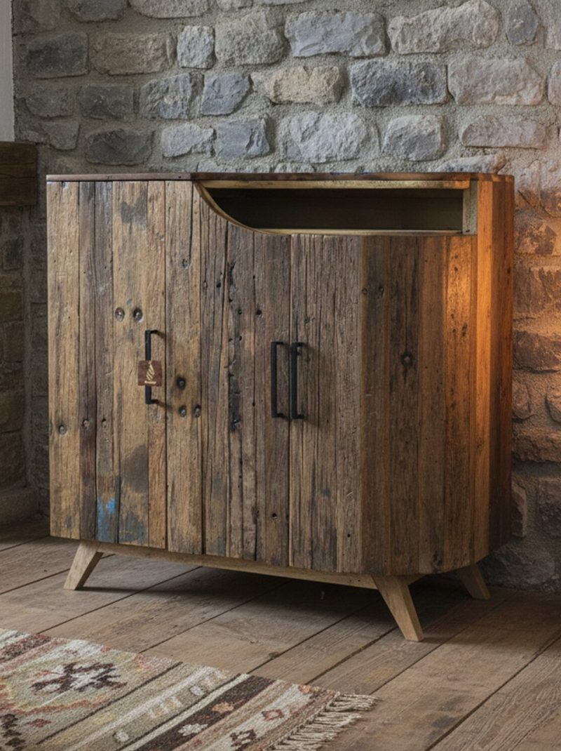 Rustic Reclaimed Wood Cabinet | Farmhouse Storage Sideboard with Curved Open Shelf | Handmade Wooden Accent Cabinet