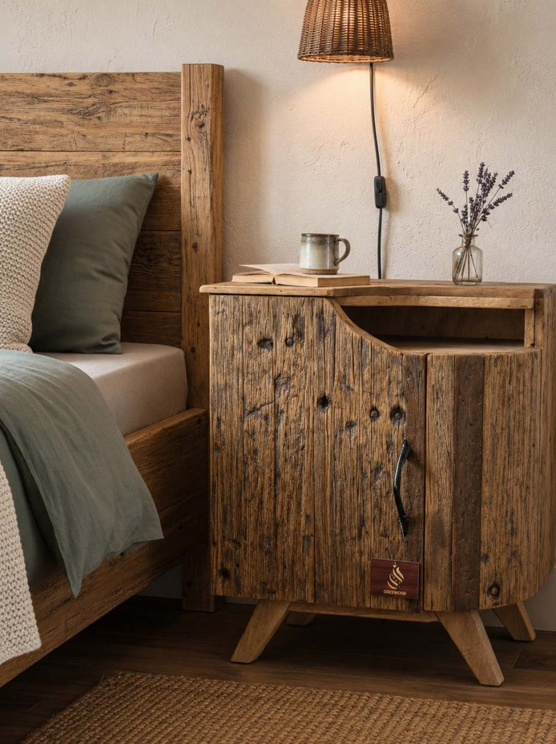 Rustic Reclaimed Wood Bedside Cabinet | Farmhouse Nightstand with Open Shelf | Handmade Wooden Side Table