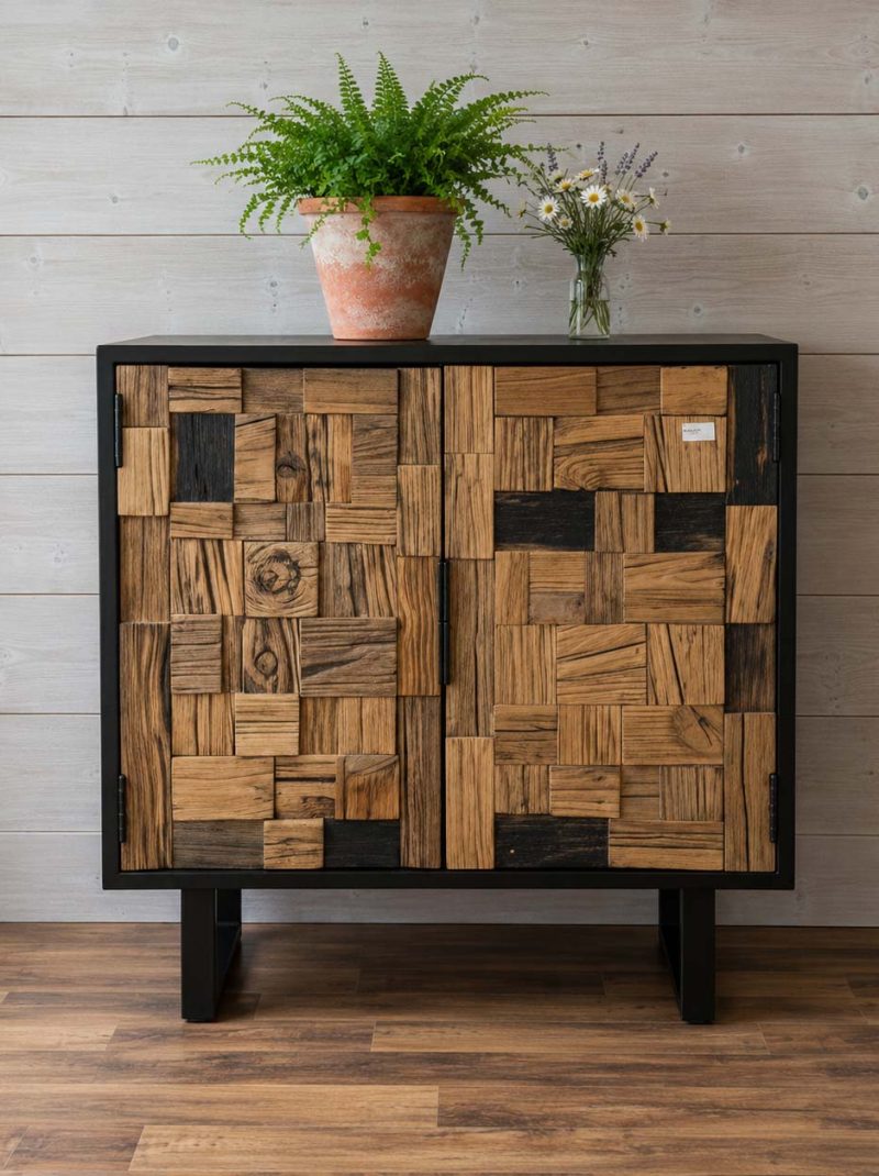 Rustic Patchwork Wood Cabinet | Reclaimed Wood Accent Storage Cabinet with Metal Frame | Handmade Farmhouse Sideboard