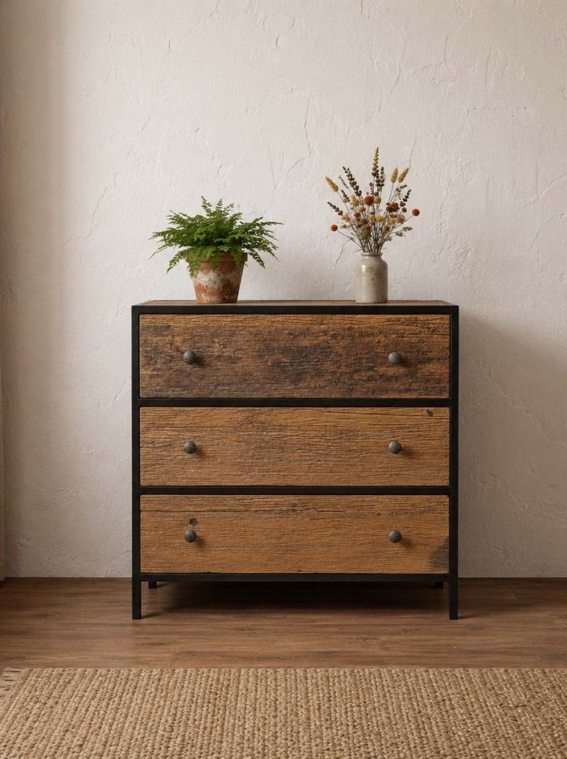 Rustic Industrial 3 Drawer Chest | Reclaimed Wood Storage Cabinet with Metal Frame | Handmade Farmhouse Dresser
