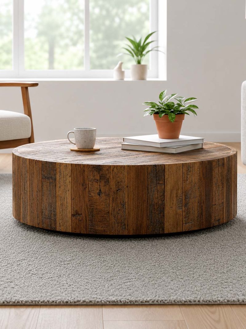 Rustic Round Reclaimed Solid Wood Coffee Table | Handcrafted Farmhouse Center Table | Modern Barn Wood Furniture from Jodhpur India