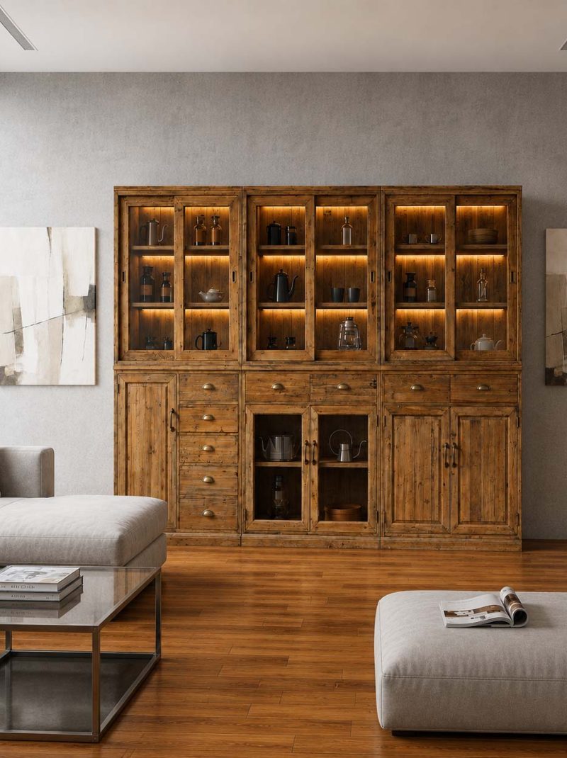 Modern Rustic Wooden Display Cabinet | Large Farmhouse Storage Hutch with Glass Doors | Handmade Cabinet