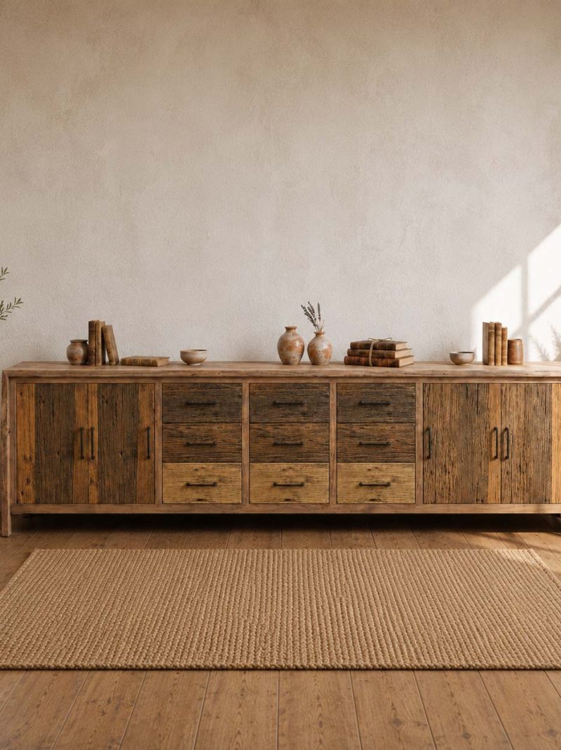 Extra Large Rustic Reclaimed Solid Wood Sideboard Cabinet | Handcrafted Farmhouse Storage Console | Vintage Barn Wood Furniture from Jodhpur India