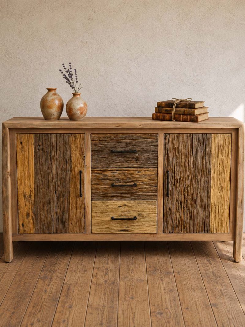 Rustic Reclaimed Solid Wood Sideboard Cabinet | Handcrafted Farmhouse Storage Console | Vintage Barn Wood Furniture from Jodhpur India