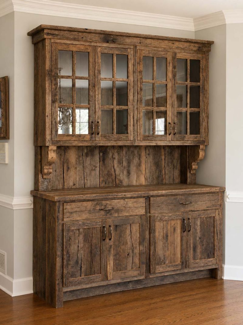 Rustic Farmhouse Hutch Cabinet | Reclaimed Wood Kitchen Hutch | Handcrafted Glass Door Storage Cabinet for Living Room