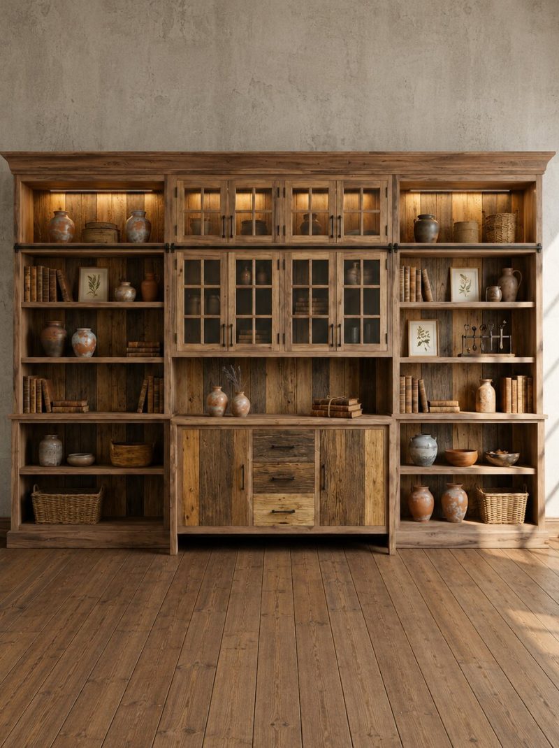 Large Rustic Farmhouse Wall Unit | Reclaimed Wood Display Cabinet & Bookshelf | Handcrafted Solid Wood Storage Hutch
