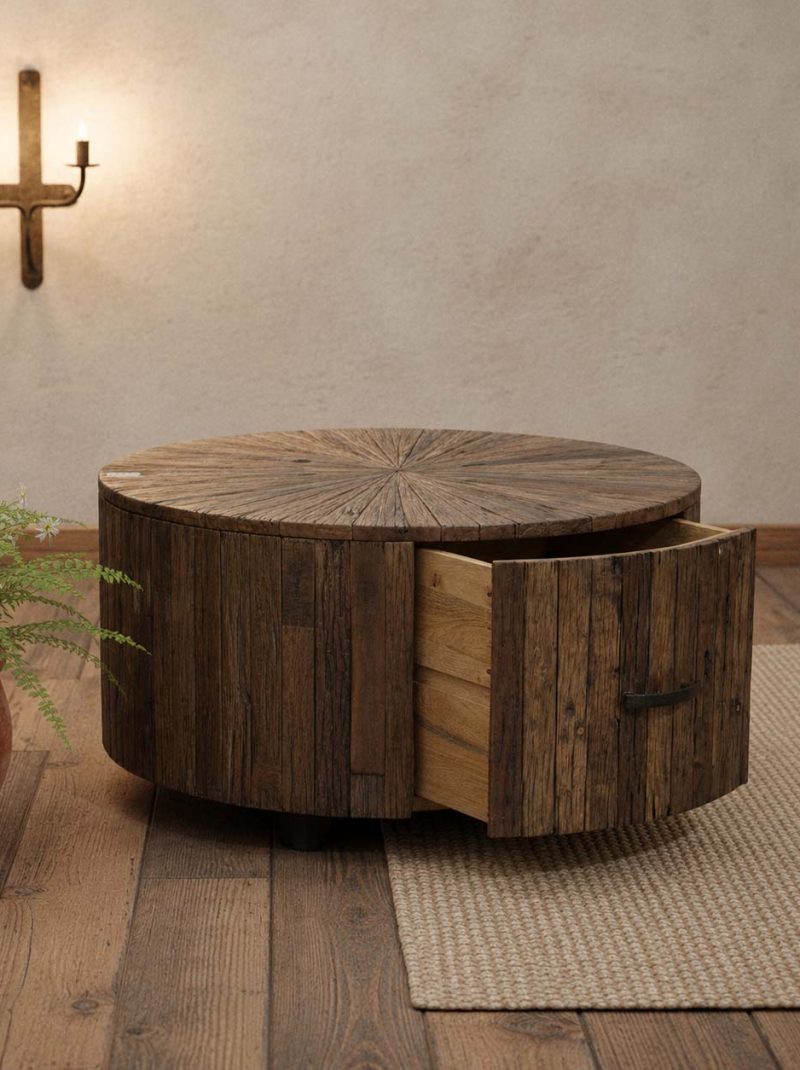 Rustic Reclaimed Solid Wood Storage Coffee Table | Handcrafted Round Farmhouse Center Table | Vintage Barn Wood Furniture from Jodhpur India